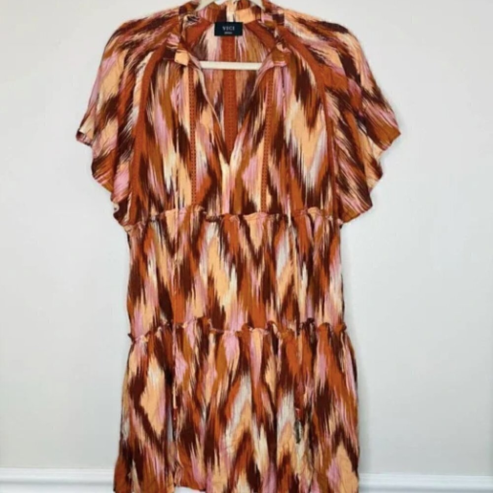 VICI Mini Dress Boho Burnt Orange Ikat Design‎ Flowy Short Sleeve